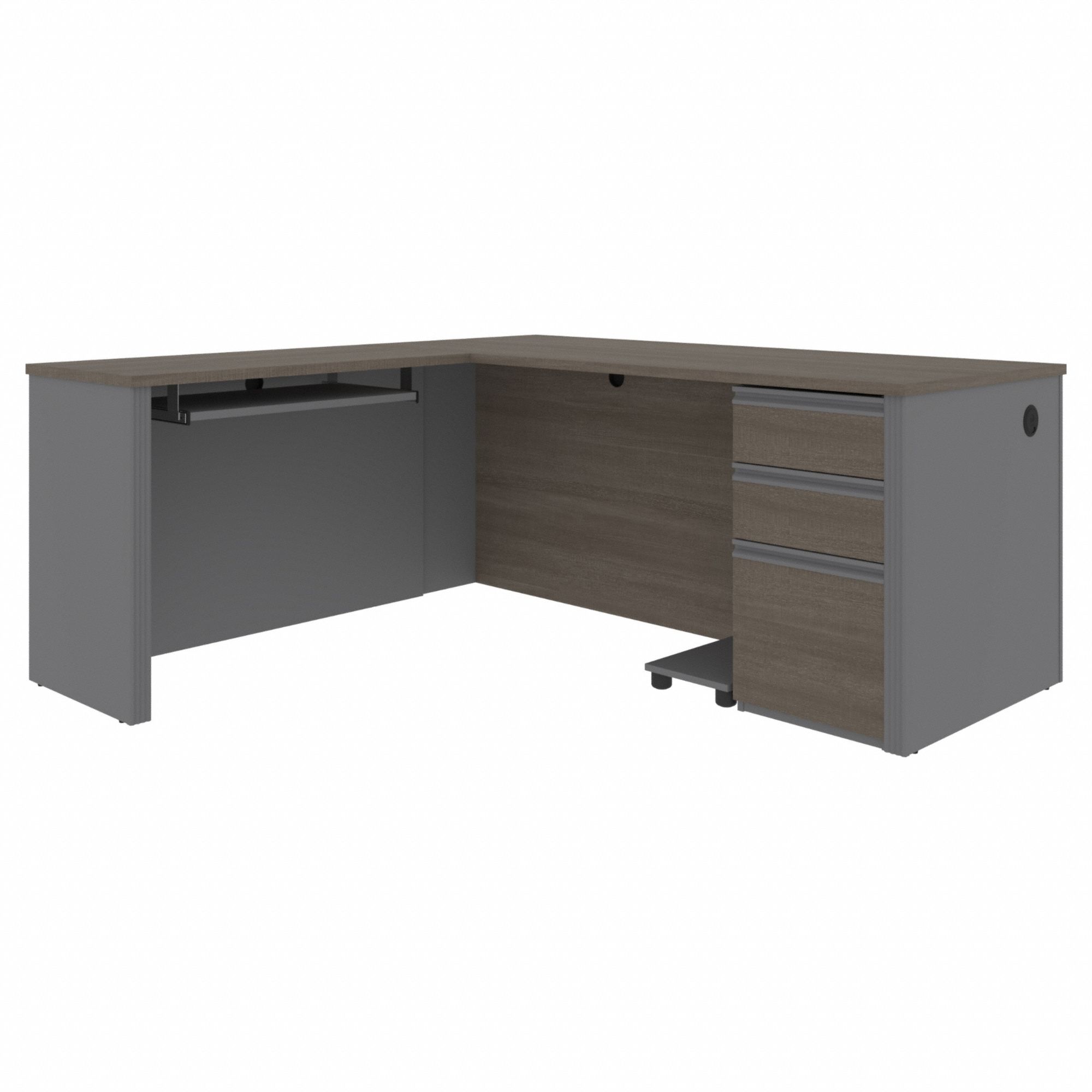 L-Shaped Office Desk: Bark Grey/Slate, 71 1/8 in Overall Wd, 69 1/4 in Overall Dp
