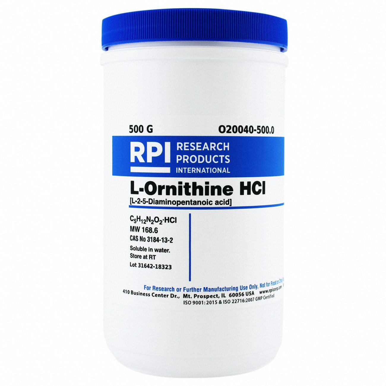 RPI L-Ornithine HCl (L-2-5-Diaminopentanoic Acid): 500 g Container Size,  Powder