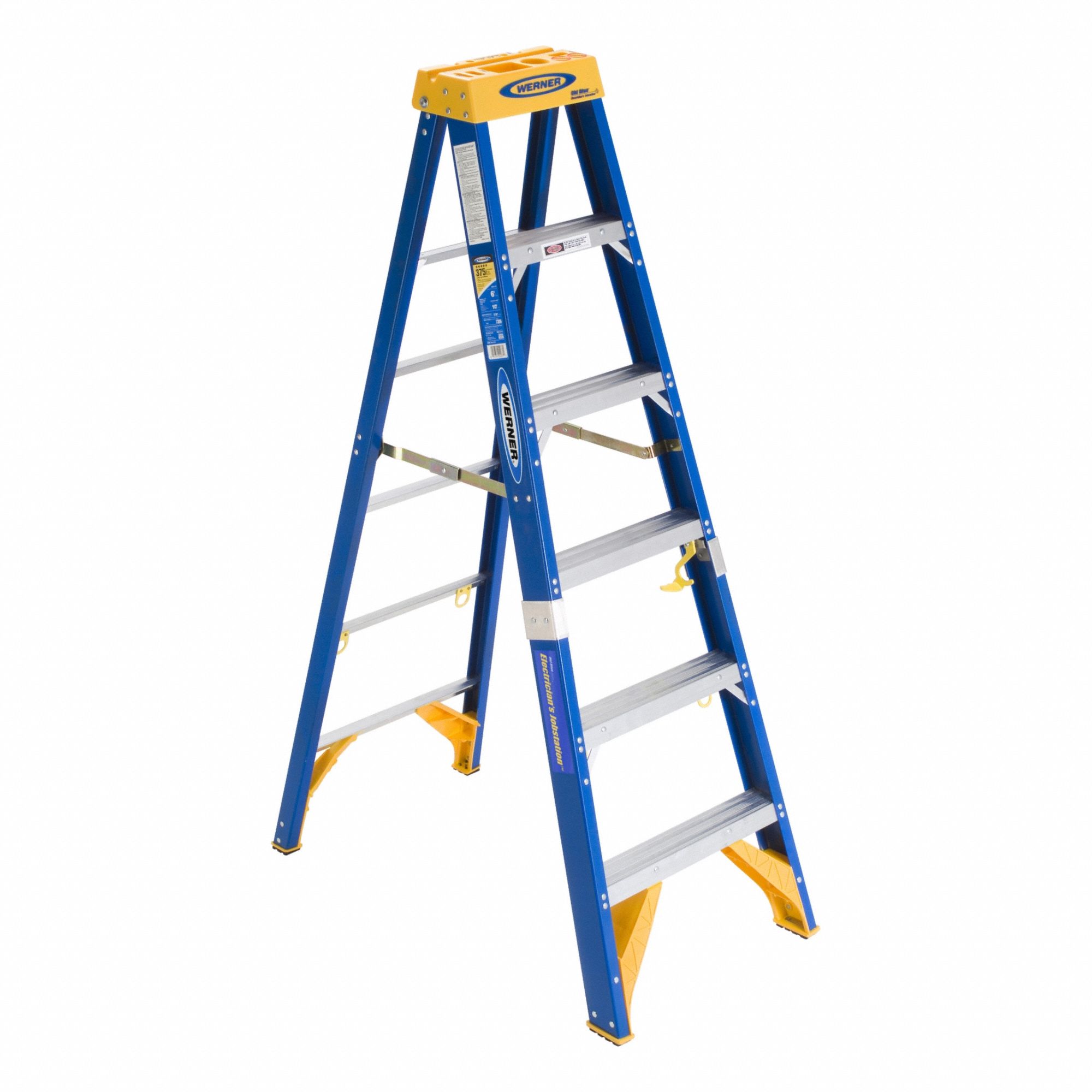 STEPLADDER, 6 FT LADDER SIZE, FIBREGLASS, 375 LB LOAD CAPACITY, 24 LB W, 3.8 FT STANDING H
