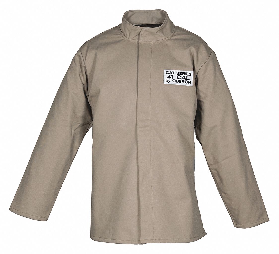 ARC FLASH COAT, CSA Z462, FR, HOOK-&-LOOP, SZ M/CHEST 49 IN, KHAKI, FR-TREATED COTTON