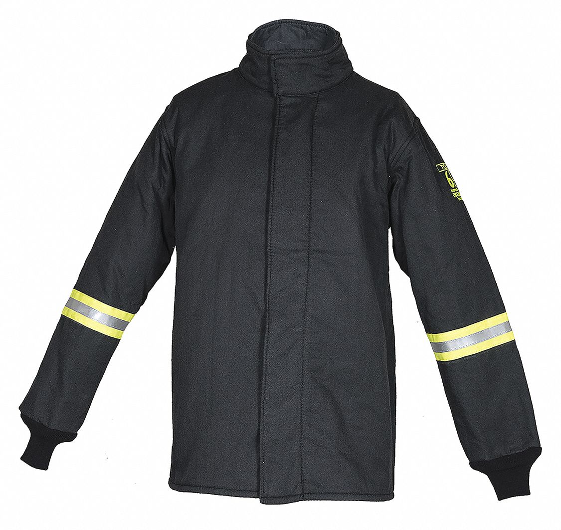 ARC FLASH COAT, CSA Z462, ZIPPER/HOOK-&-LOOP, SIZE 5XL/CHEST 72 IN, BLACK, ARAMID