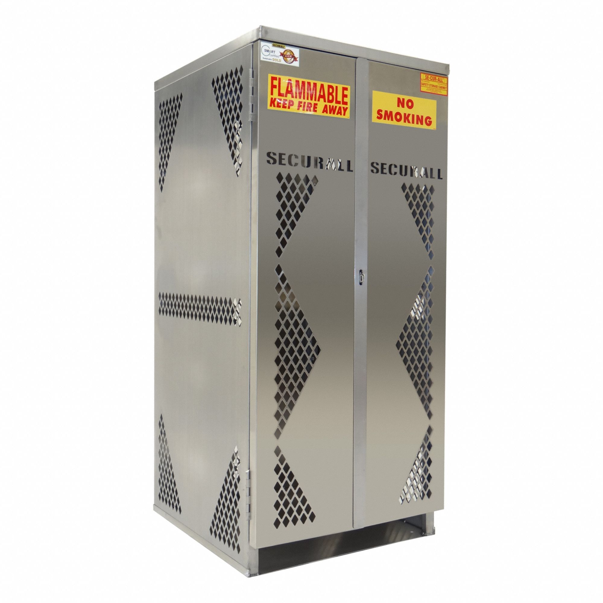 Cylinder Storage Cabinet: 10 Vertical Cylinders, 30 in x 32 in x 65 in, Aluminum, Gray, Manual Close