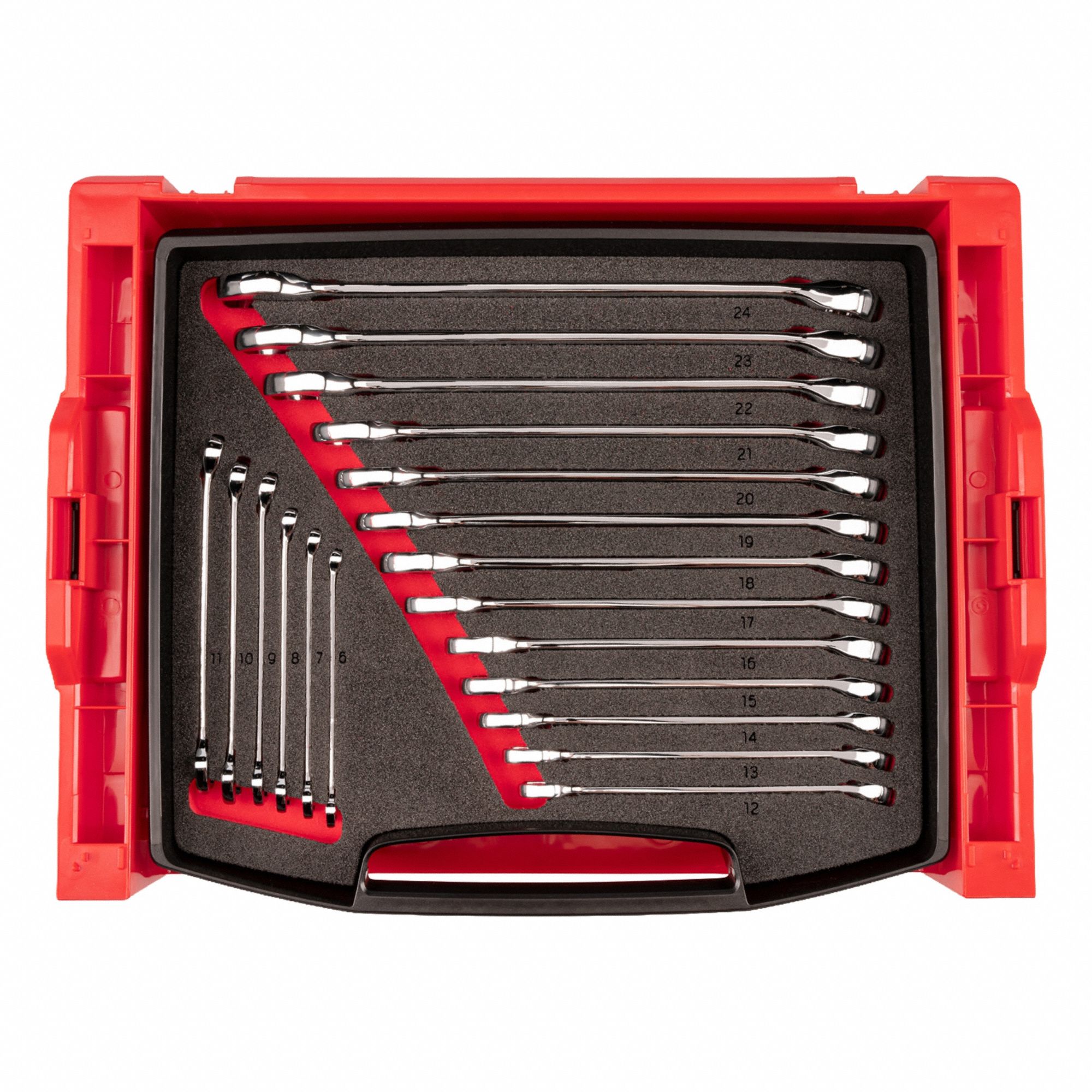 TEKTON Combination Wrench Set: Steel, Chrome, 19 Tools, 6 mm to 24 mm Range of Head Sizes, Offset (MPN OLB94202). Key specifications — attr309520: Chrome; attr309519: Steel; attr324929: TEKTON; attr309512: Rack; attr309522: No; attr309533: No.