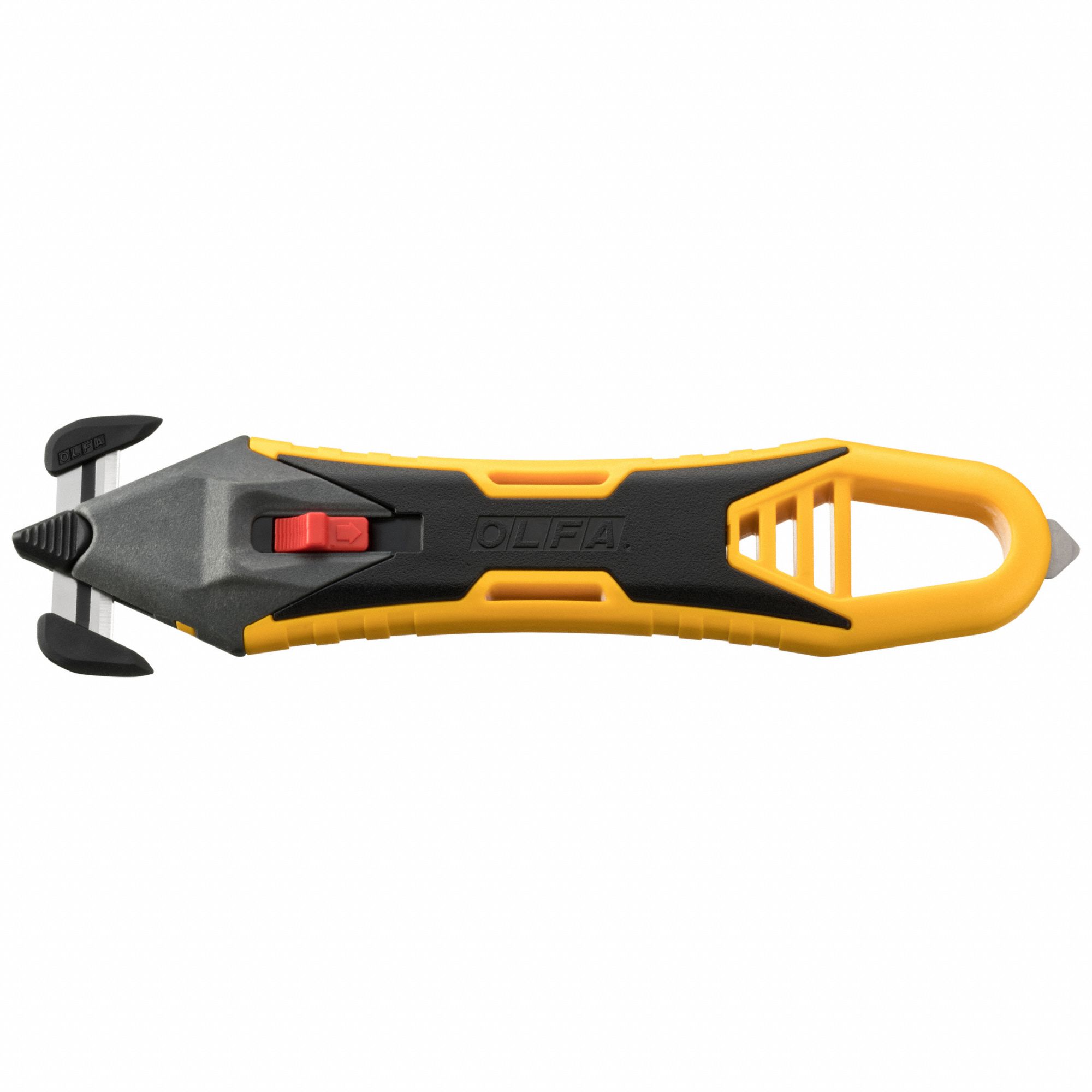 HOOK-STYLE SAFETY CUTTER, STEEL, BLACK/BLUE PLASTIC HANDLE, PLAIN GRIP, MULTIPURPOSE, BLADE INCLUDED, 8¼ IN L X 40 MM W