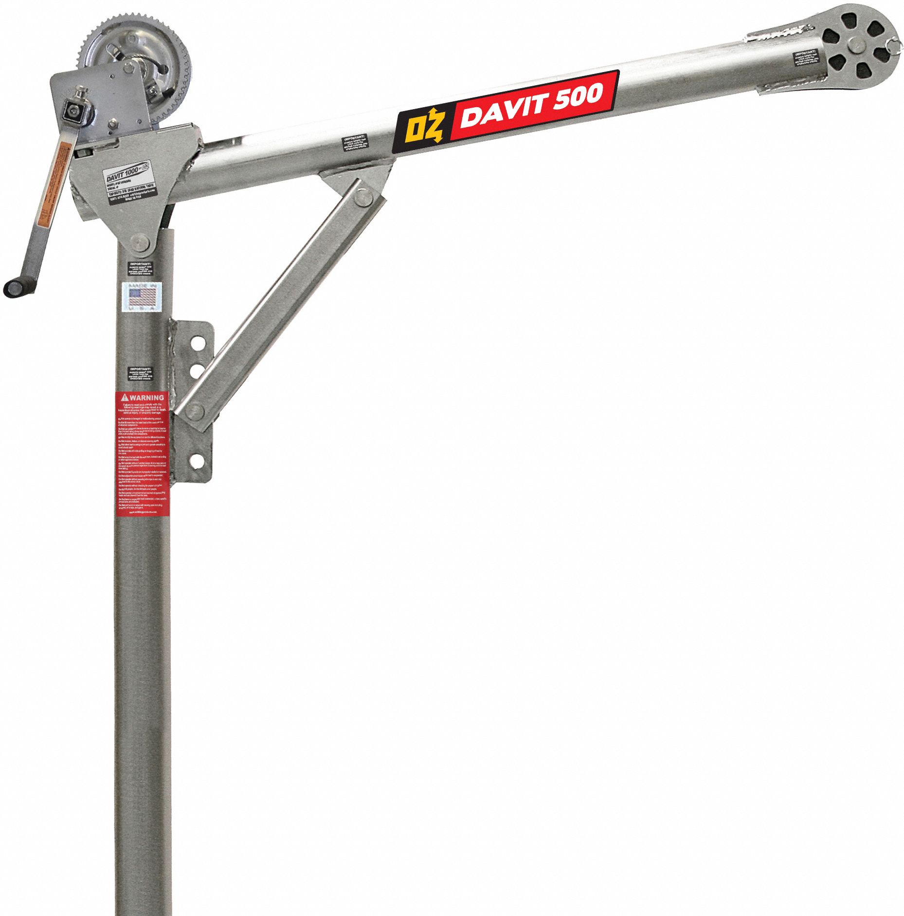 Davit Crane: Steel, Manual, 500 lb Max. Load Capacity, 3.3 ft to 5.6 ft