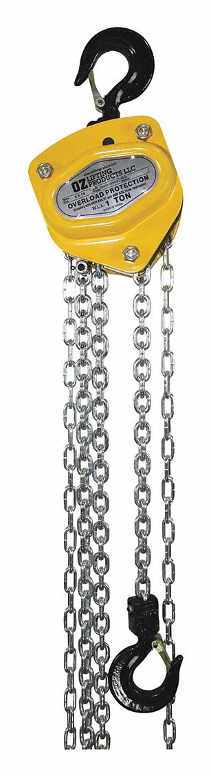 MANUAL CHAIN HOIST, 2000 LBS CAPACITY, 1.26 IN OPENING, 15 FT LIFT, 55 LBS PULL LOAD, 6.77 X 5.94 IN