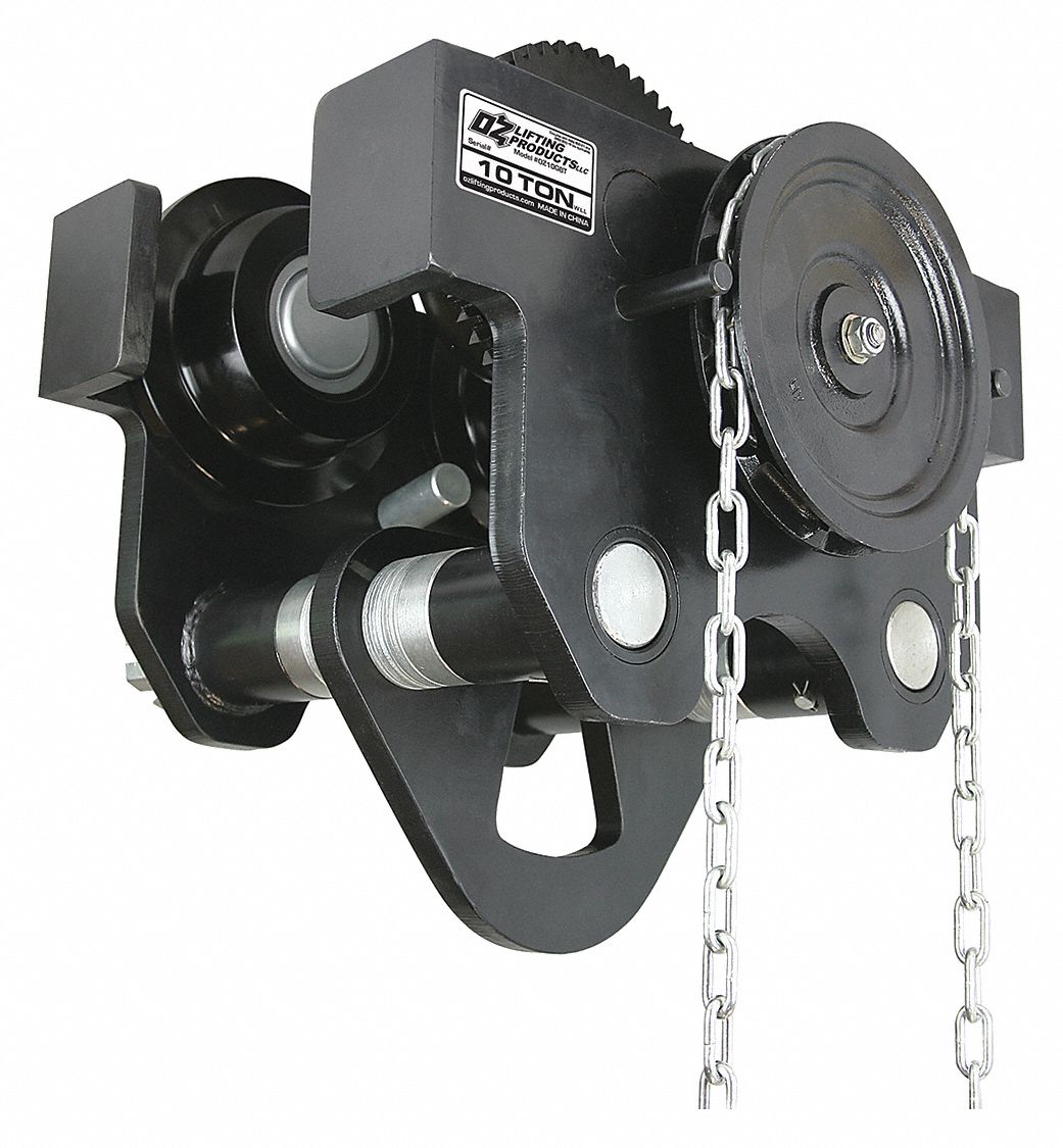 GEARED TROLLEY, LD CAP 20000 LB, 9 FT CHAIN, 4 7/8 TO 7 63/64 IN FLANGE, STEEL