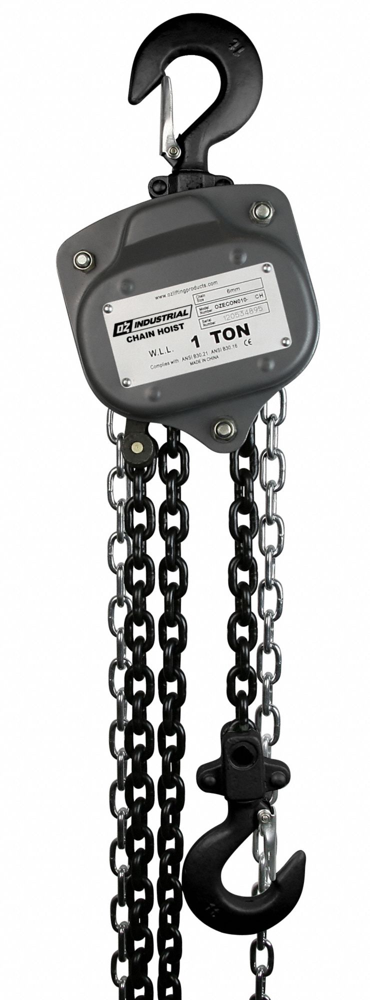 MANUAL CHAIN HOIST, 2000 LBS CAPACITY, 1 1/32 IN HOOK OPENING, 20 FT LIFT, 5.75 X 5.98 IN