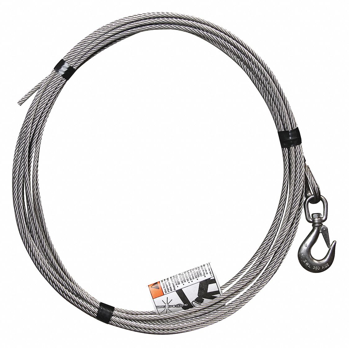WIRE ROPE CABLE ASSEMBLY INC SWIVEL HOOK W LATCH, 45 FT X 1/4 IN, STAINLESS  STEEL