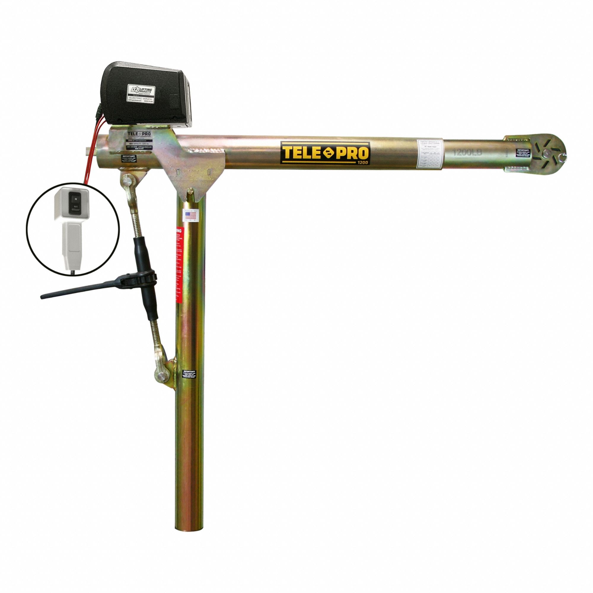 Davit Crane: Steel, Electric, 1, 200 lb Max. Load Capacity, 3.6 ft to 7 ft, 23 in to 66 in