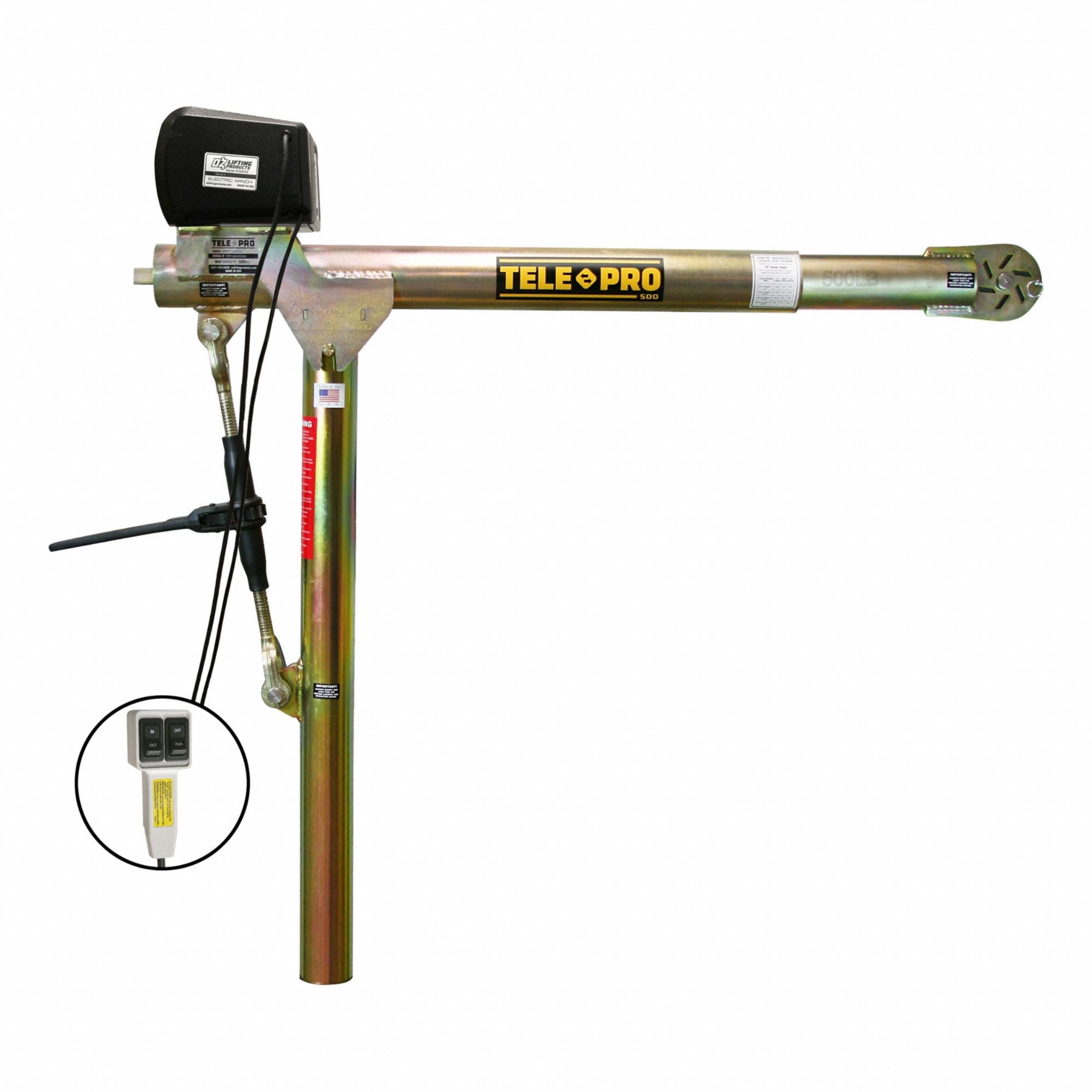 Davit Crane: Steel, Electric, 500 lb Max. Load Capacity, 3.3 ft to 7 ft, 23 in to 66 in