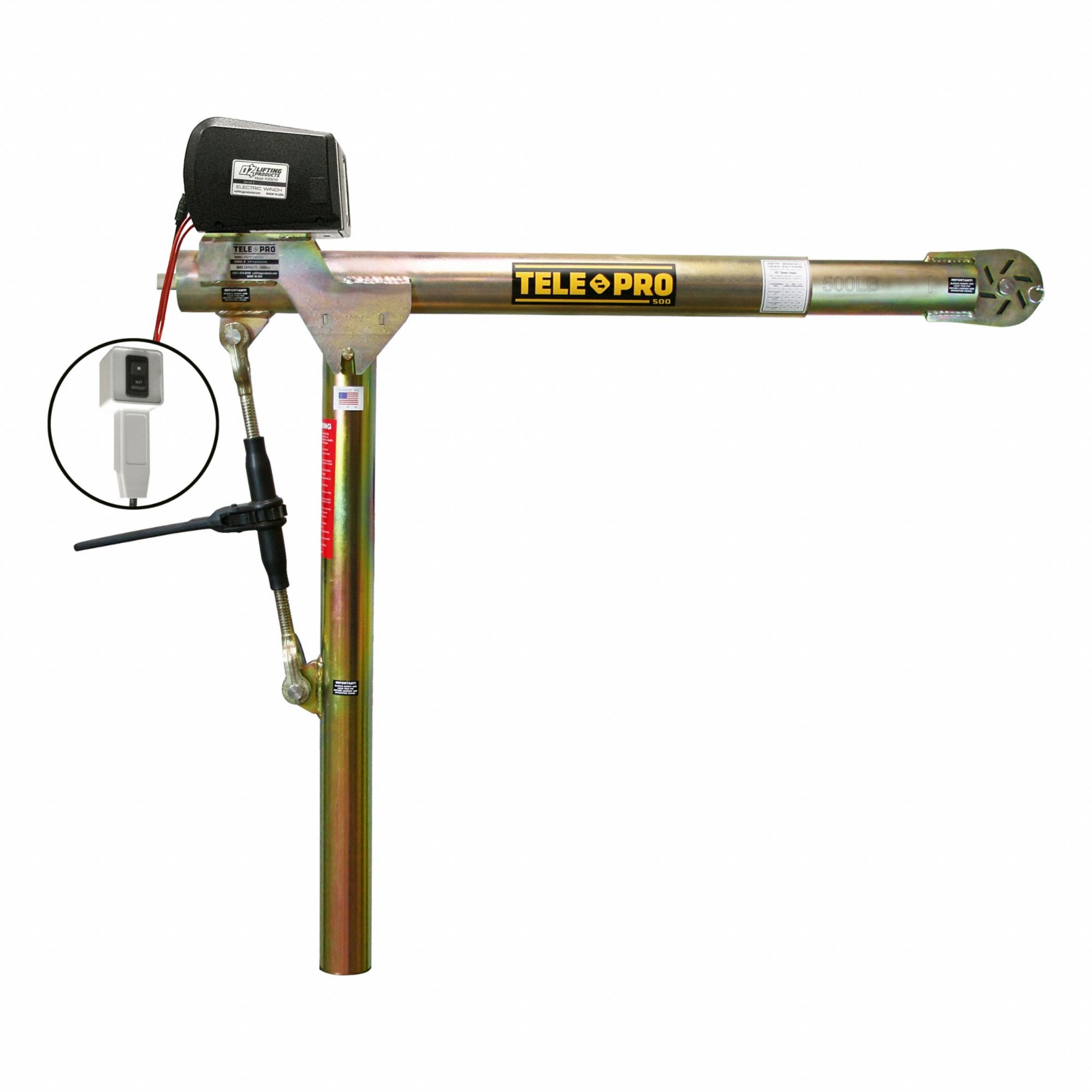 Davit Crane: Steel, Electric, 500 lb Max. Load Capacity, 3.3 ft to 7 ft, 23 in to 66 in