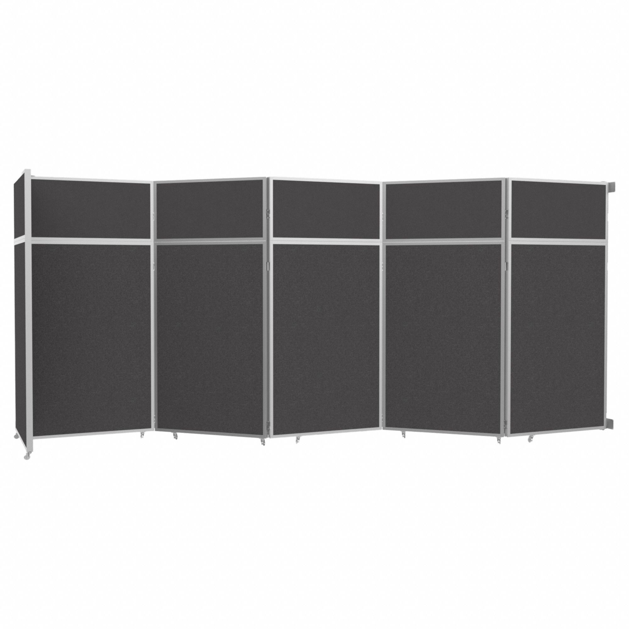 Room Divider: 5 Panels, Opaque, Charcoal Gray Panel, 101 1/4 in Overall Ht, Silver Frame