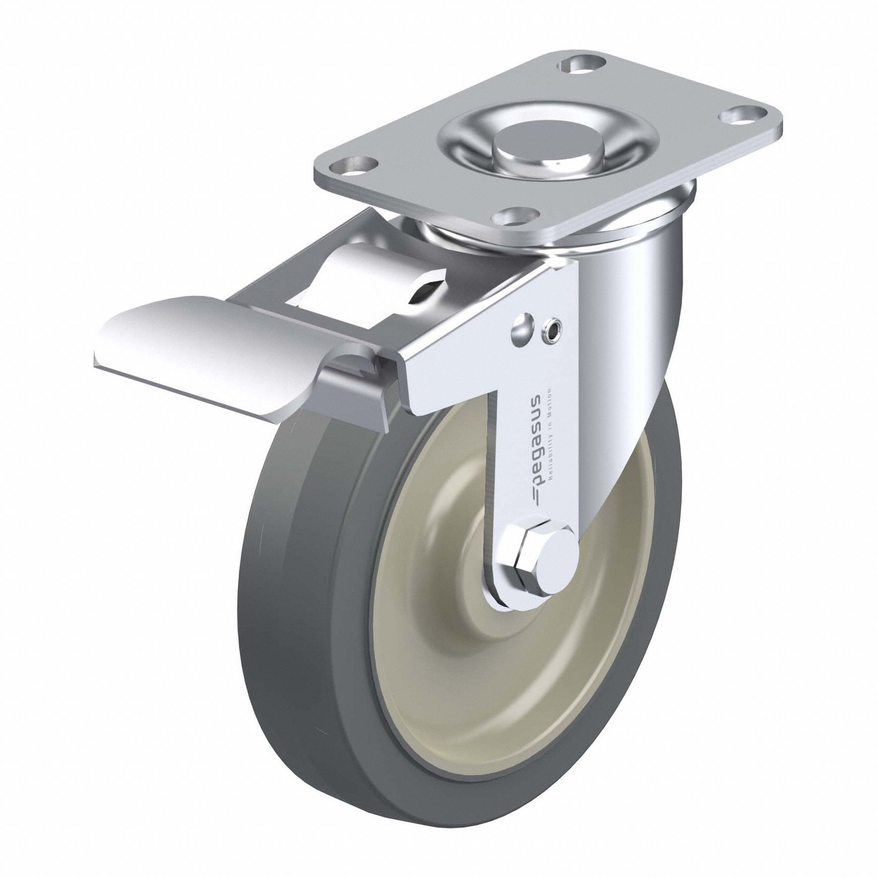 Plate Caster: Swivel, Total Lock, Polyurethane, 5 in Wheel Dia, 1 1/4 in Wheel Wd