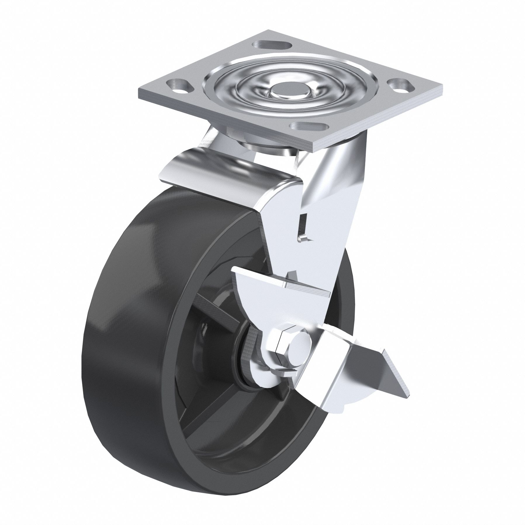 Plate Caster: Swivel, Side Brake, Polypropylene, 5 in Wheel Dia, 2 in Wheel Wd, Slot