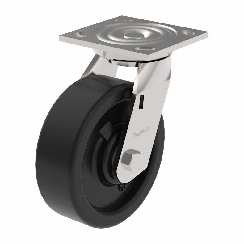 Plate Caster: Swivel, No Brake, Polypropylene, 8 in Wheel Dia, 2 in Wheel Wd, Slot