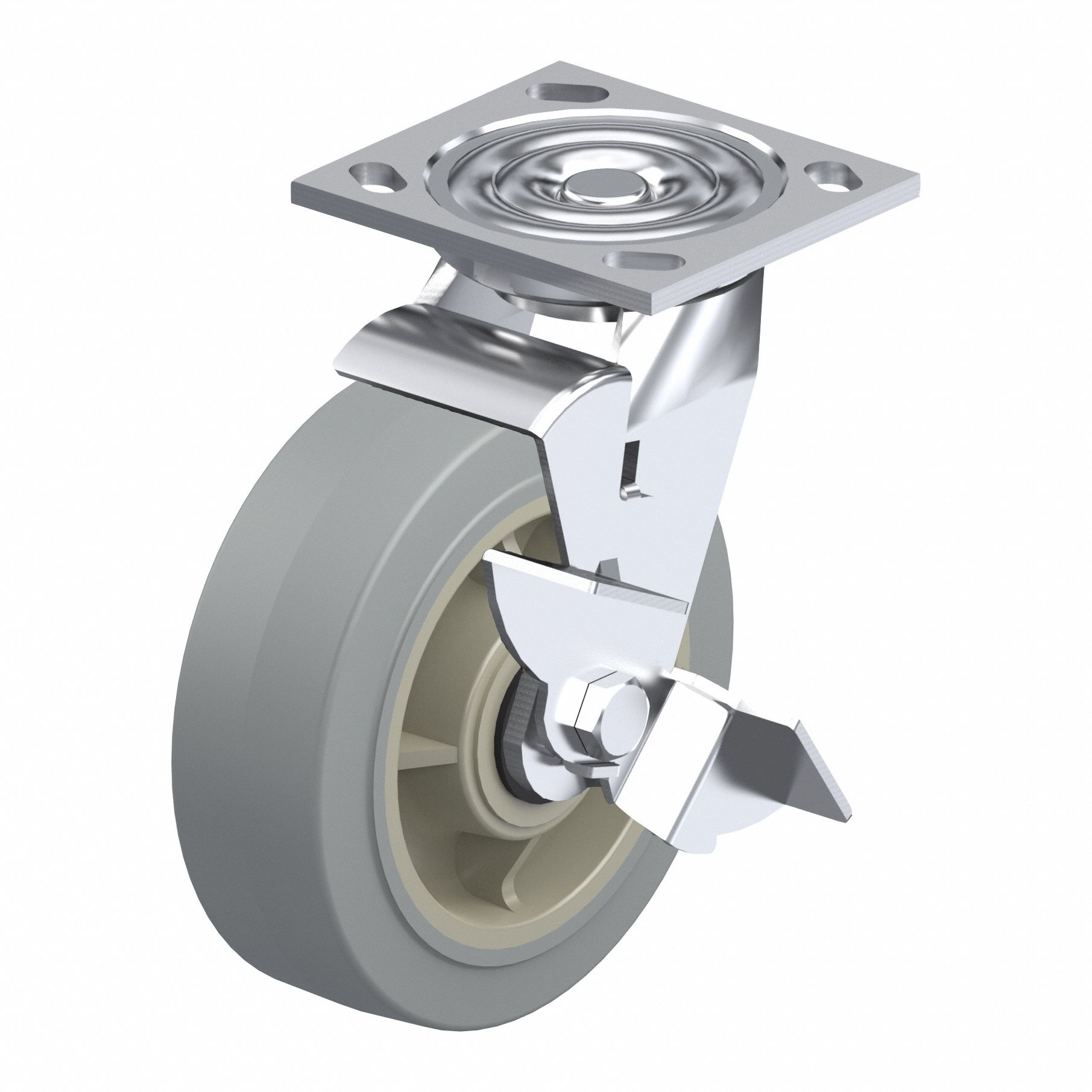 Plate Caster: Swivel, Side Brake, Rubber, 4 in Wheel Dia, 2 in Wheel Wd, Slot, Ball