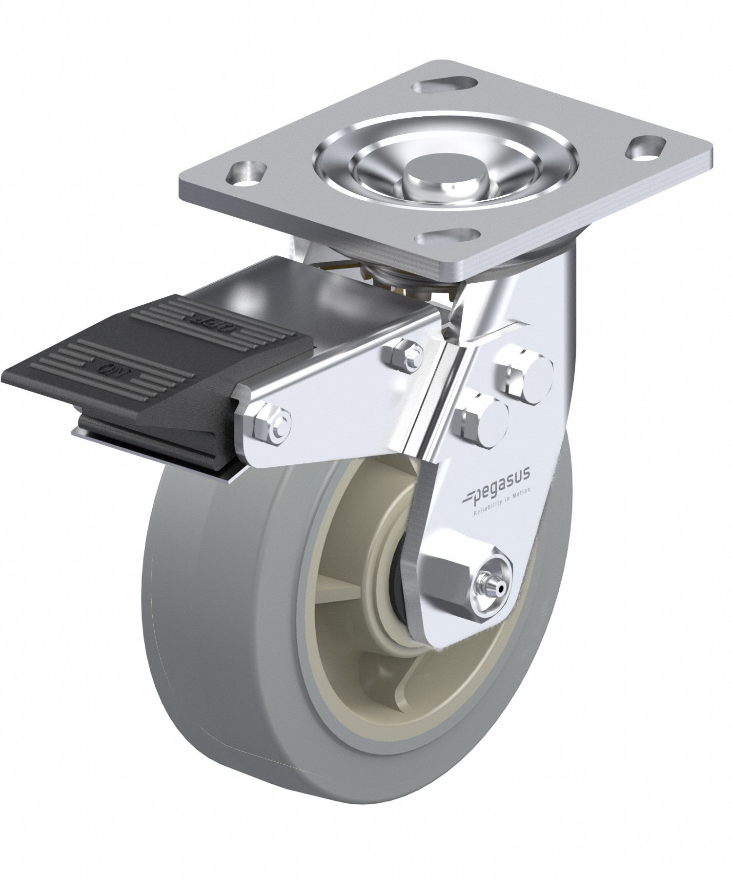 Plate Caster: Swivel, Total Lock, Rubber, 4 in Wheel Dia, 2 in Wheel Wd, Slot, Ball