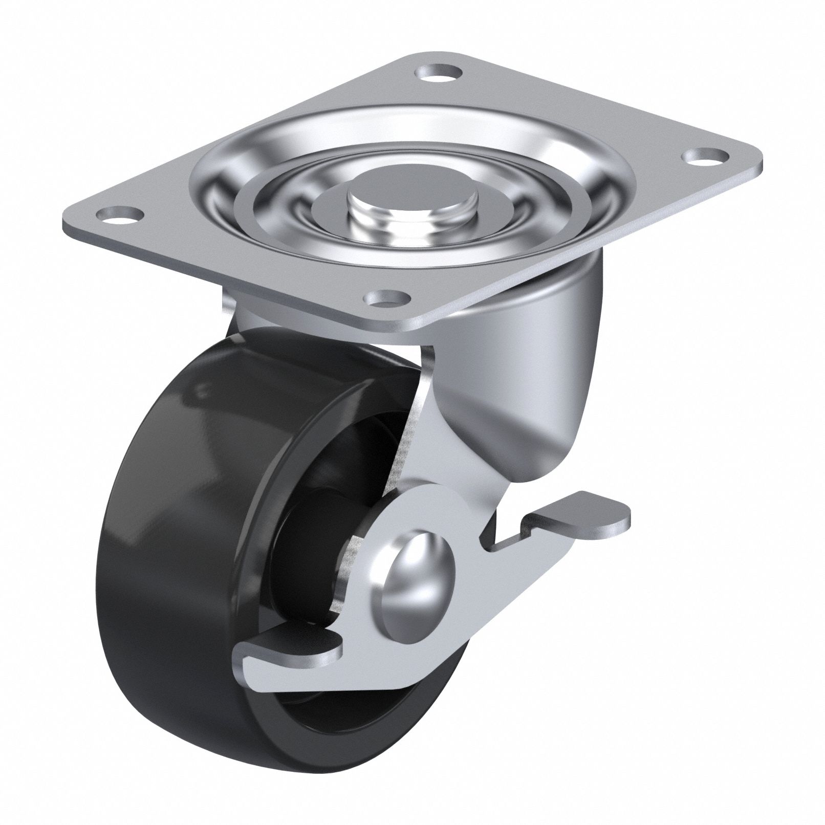 Plate Caster: Swivel, Side Brake, Polypropylene, 3 in Wheel Dia, 13/16 in Wheel Wd