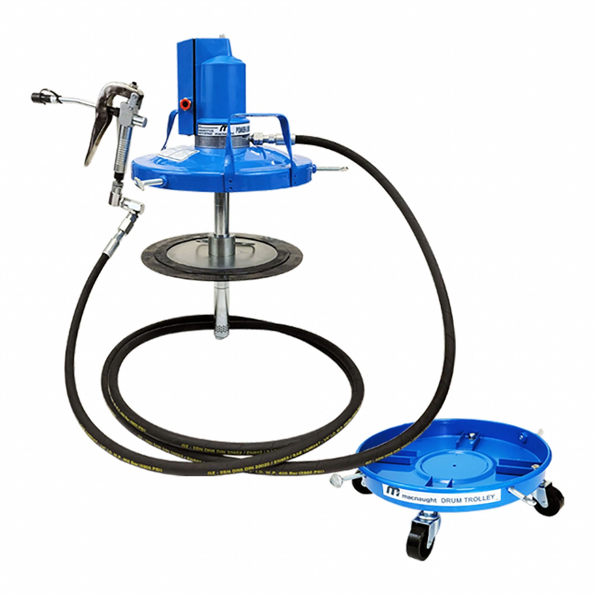 MACNAUGHT Air Drum Pump: Pump w/ Drum Dolly, Hose & Nozzle, 50:1, 460 g/min Max. Flow Rate, Steel (MPN P3-TR). Key specifications — Brand: MACNAUGHT; Suction Tube Material: Steel.