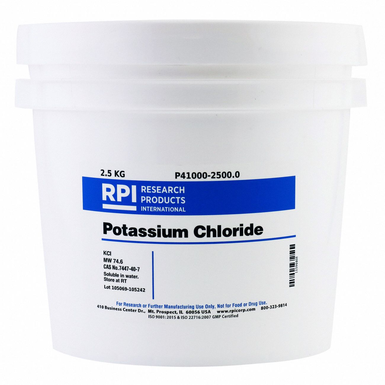 Potassium Chloride: USP, 2.5 kg, 7447-40-7, Reagent, Powder, 18 mo Shelf Life, 1