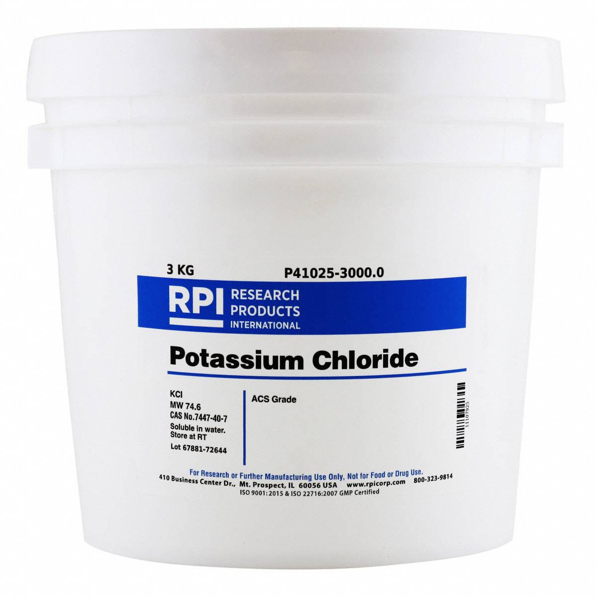 Potassium Chloride: ACS, 3 kg, 7447-40-7, Reagent, Powder, 18 mo Shelf Life, 1