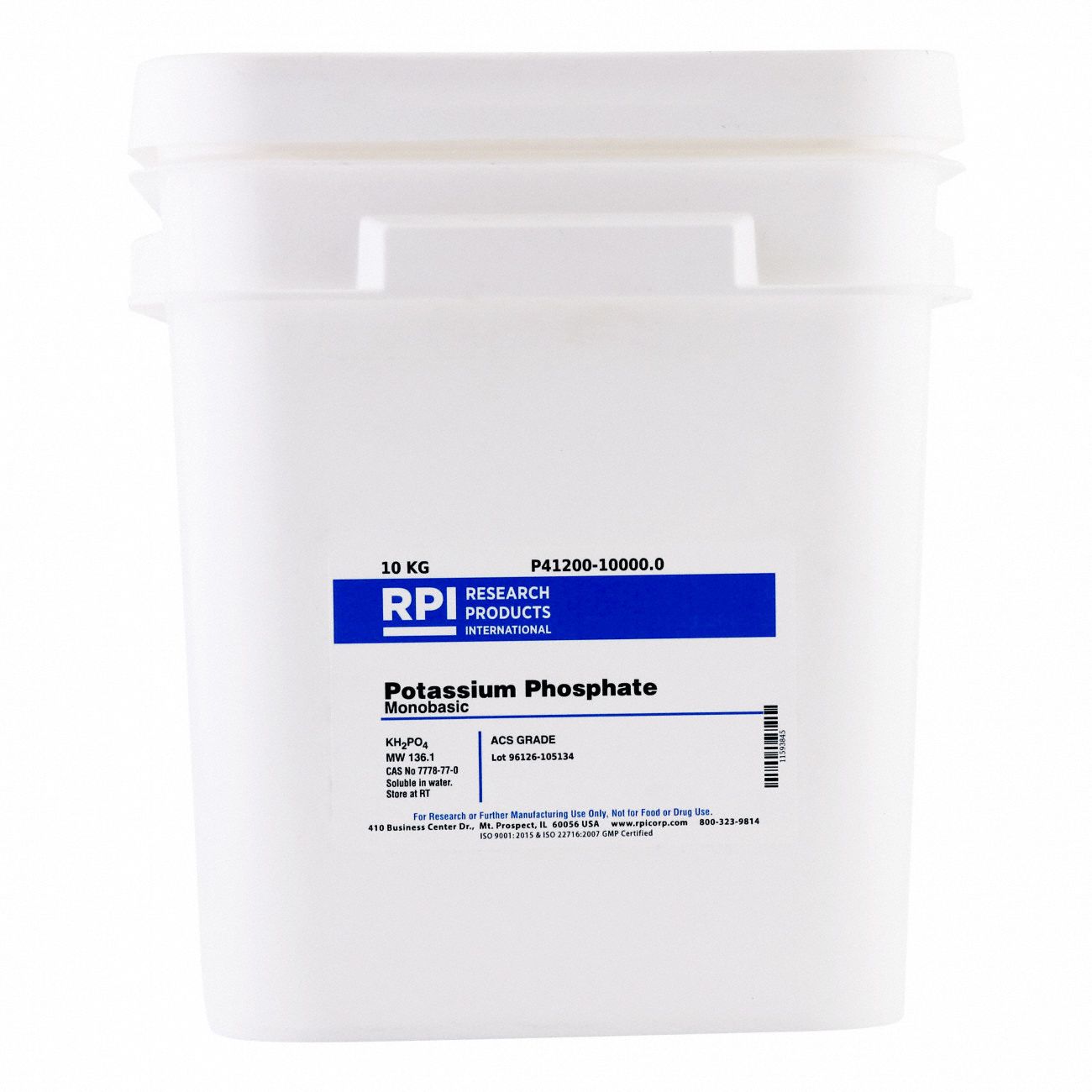 Potassium Phosphate - Monobasic: ACS, 10 kg, 7778-77-0, P41200, Buffer, Powder, 18 mo Shelf Life, 1
