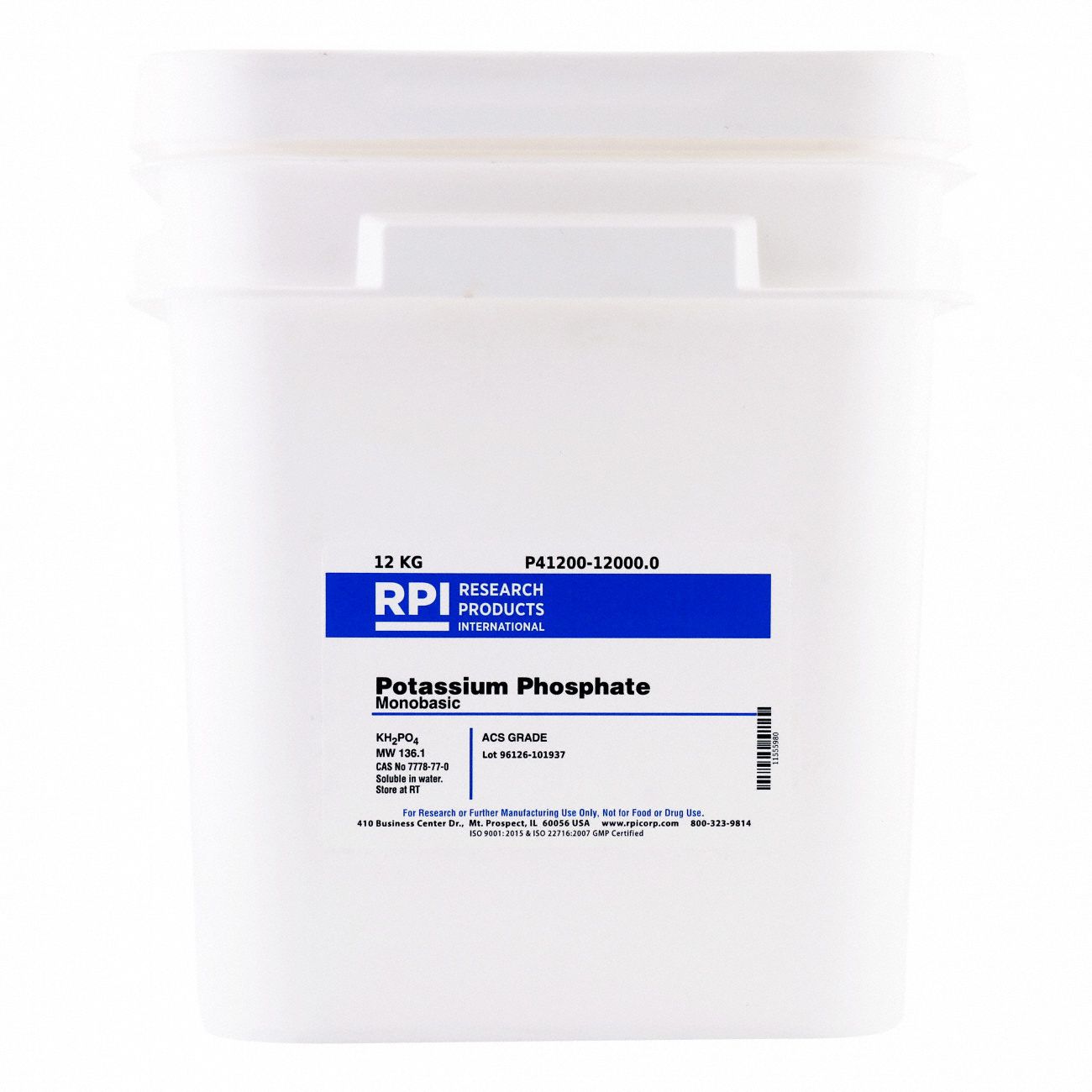 Potassium Phosphate - Monobasic: ACS, 12 kg, 7778-77-0, P41200, Buffer, Powder, 18 mo Shelf Life, 1