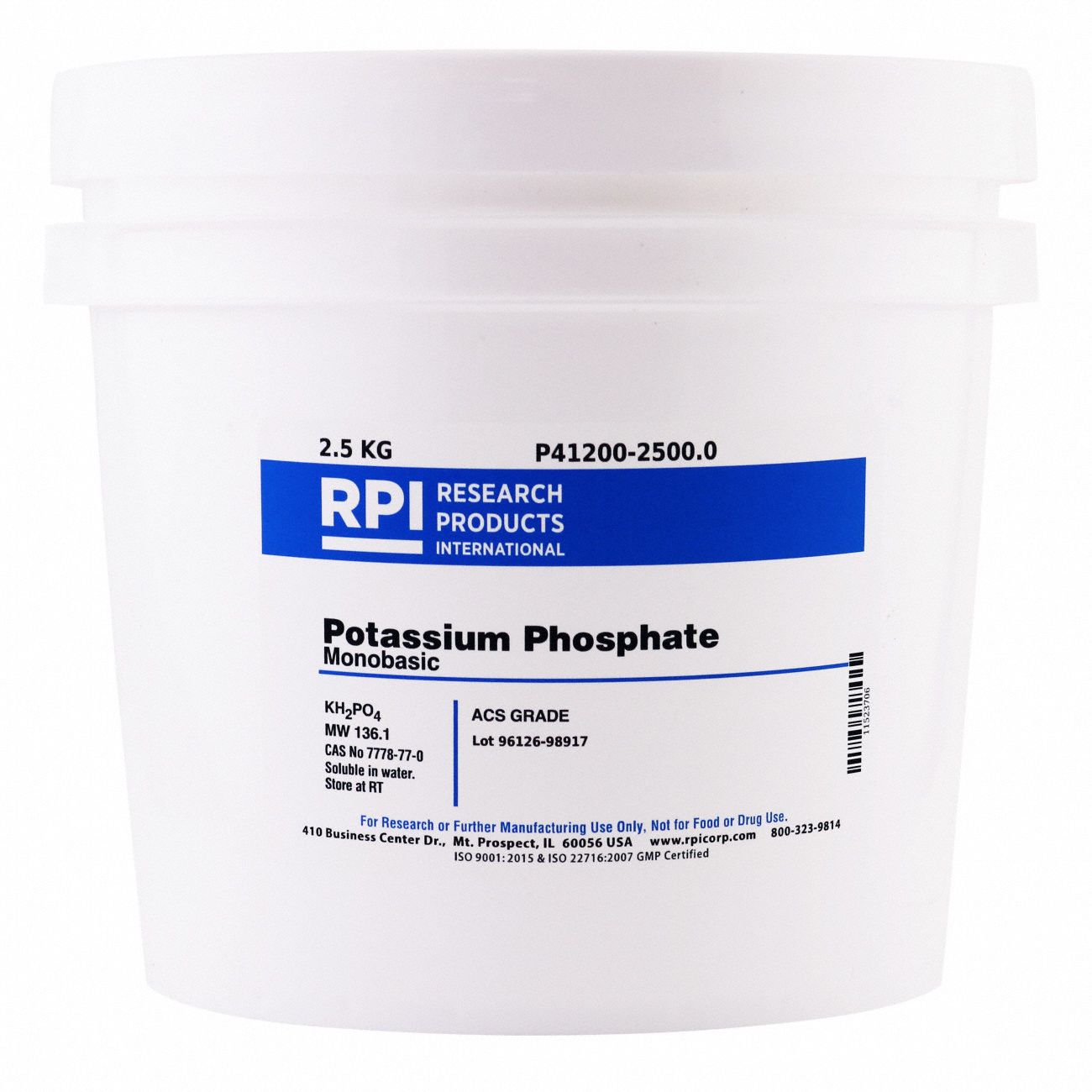 Potassium Phosphate - Monobasic: ACS, 2.5 kg, 7778-77-0, P41200, Buffer, Powder, 18 mo Shelf Life, 1