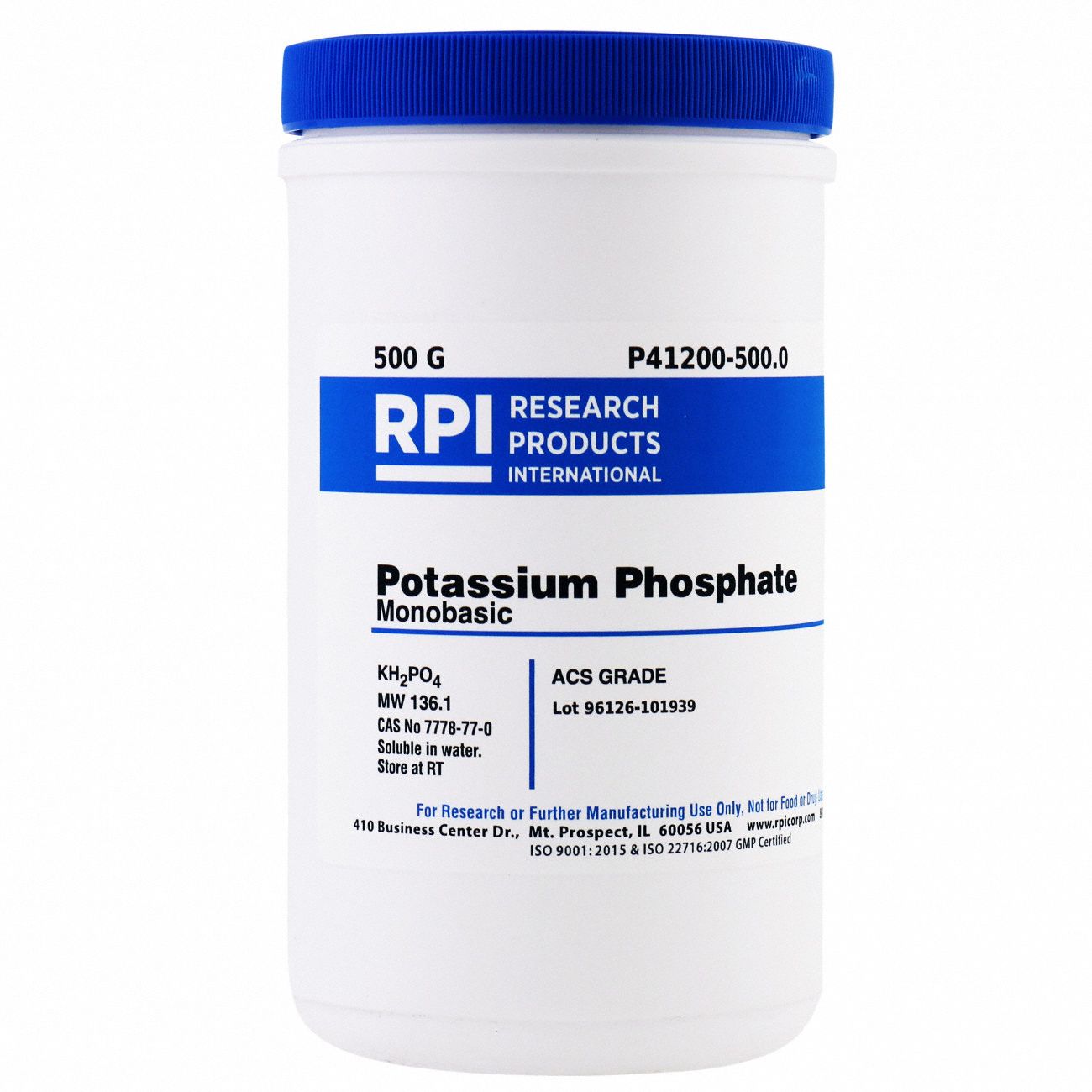 Potassium Phosphate - Monobasic: ACS, 500 g, 7778-77-0, P41200, Buffer, Powder, 18 mo Shelf Life, 1
