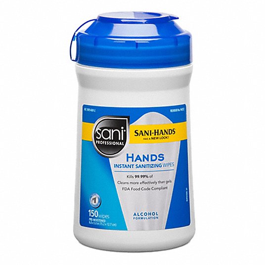 Hand Sanitizer Wipes: Canister, Wipes, 6 in x 6-3/4 in Sheet Size, 12 PK