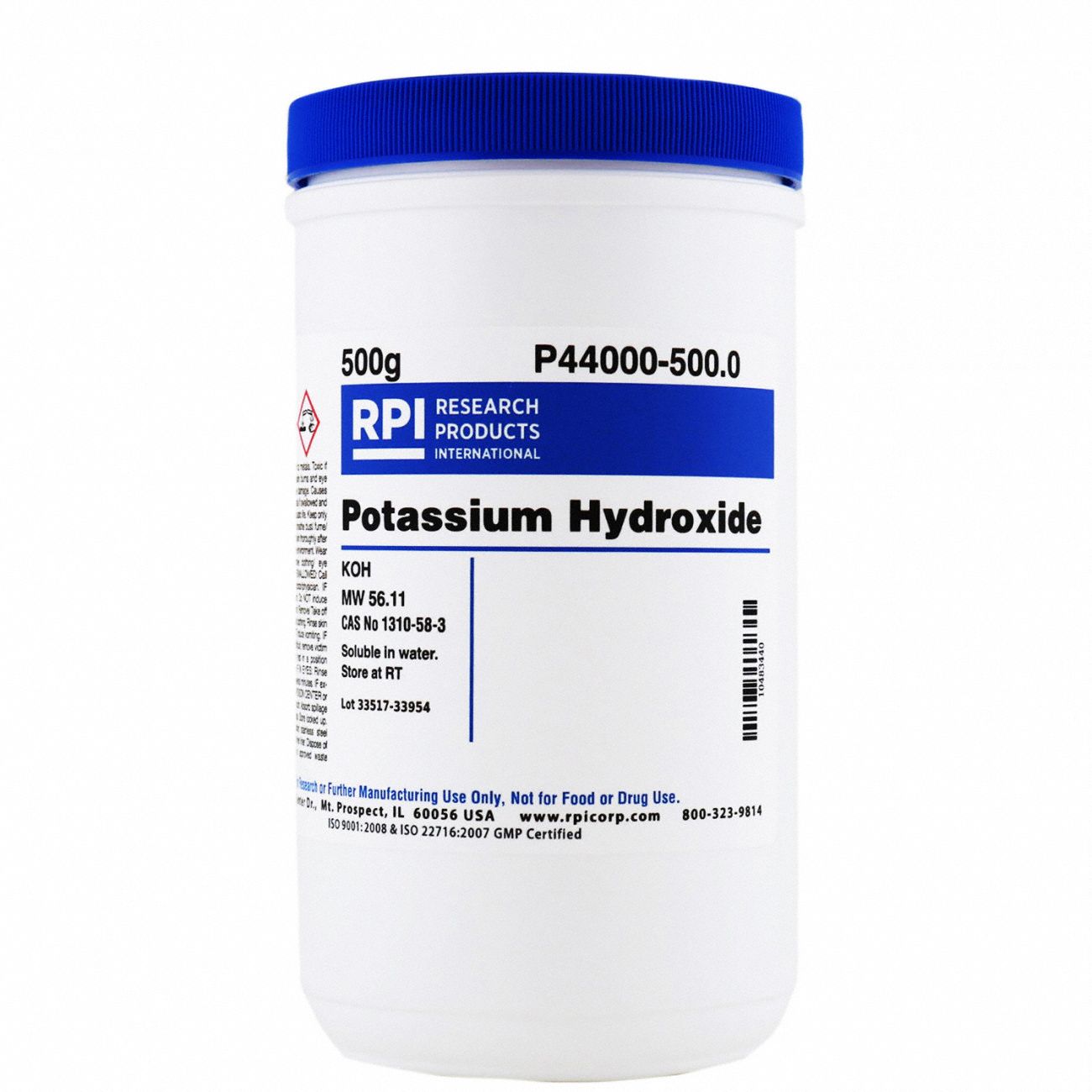Potassium Hydroxide: Lab, 500 g, 1310-58-3/7732-18-5, Reagent, Solid, 18 mo Shelf Life, 1