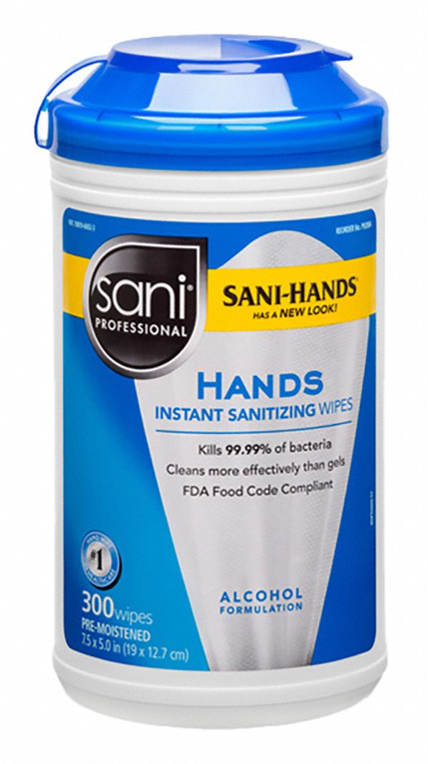 Hand Sanitizing Wipes: Canister, 300 Wipes per Container, Ethyl Alcohol, 6 PK