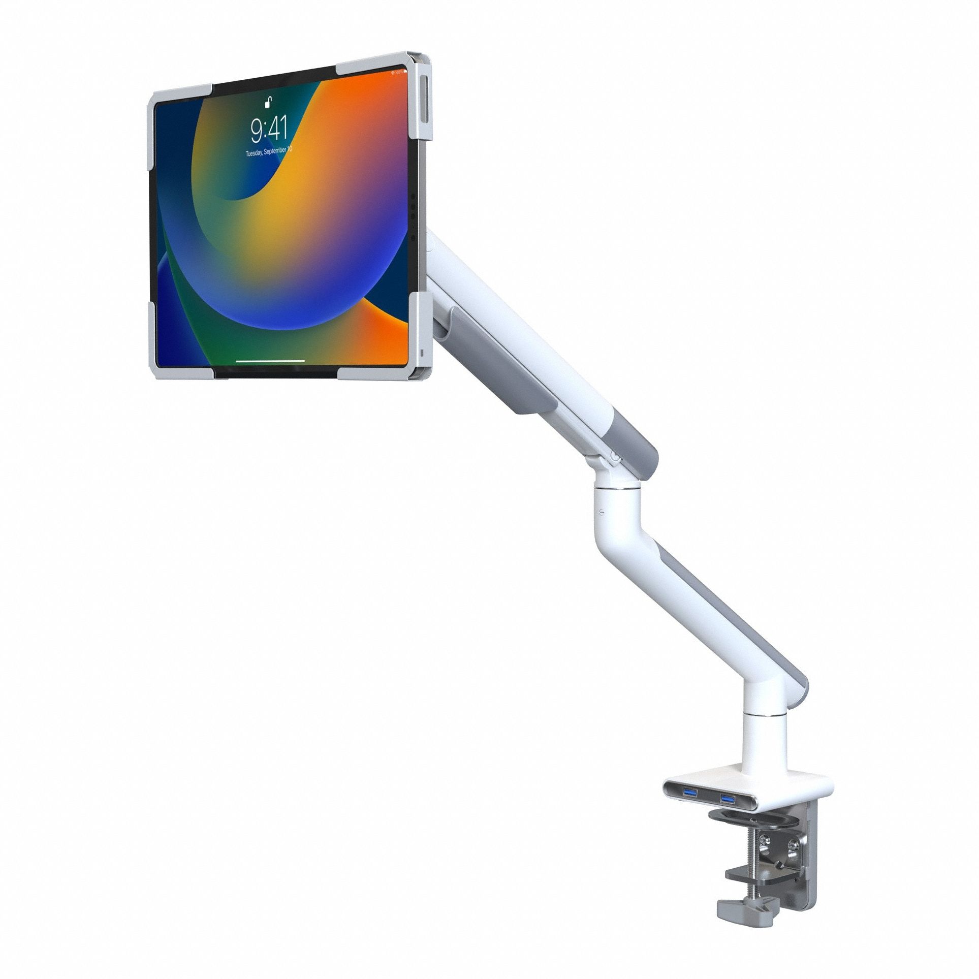 Monitor Arm: White, Steel, Clamp/Grommet Mount, 20 lb Wt Capacity