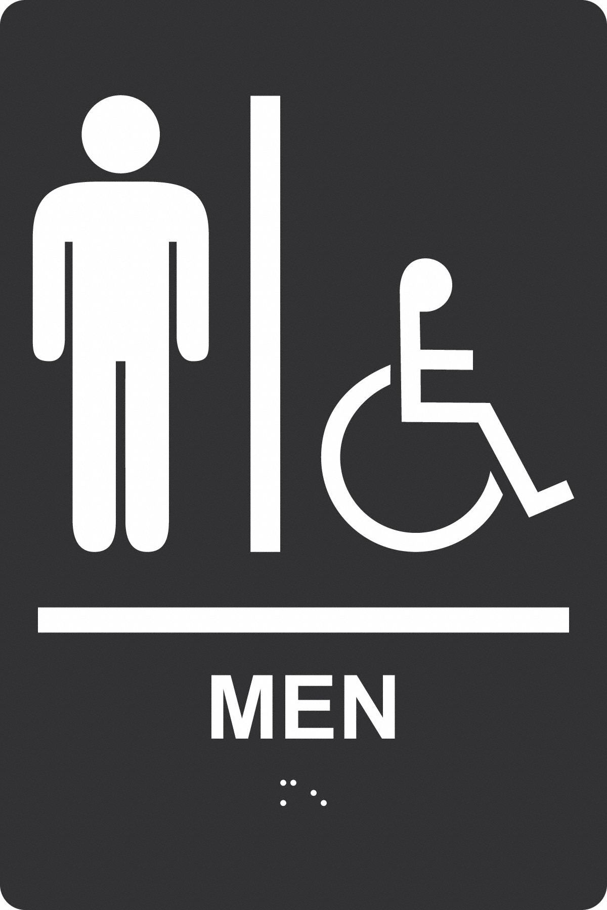 ADA Braile Restroom Sign,  Men,  Acrylic,  9 in x 6 in,  Rectangular,  Braille