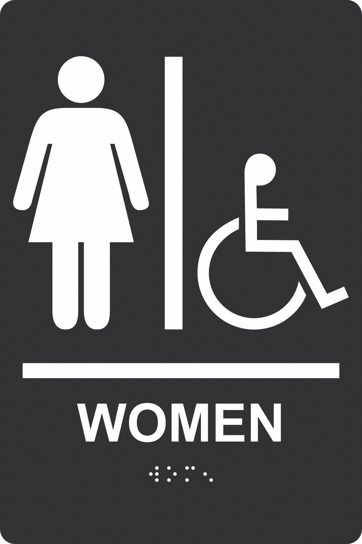 ADA Braile Restroom Sign,  Women,  Acrylic,  9 in x 6 in,  Rectangular,  Braille