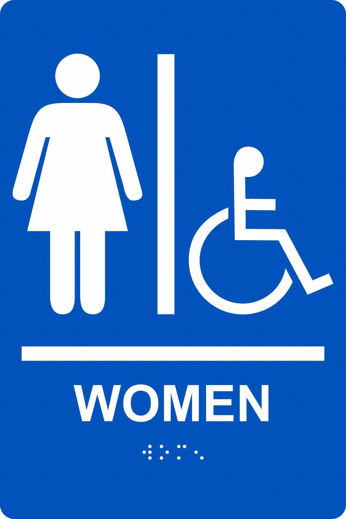 ADA Braile Restroom Sign,  Women,  Acrylic,  9 in x 6 in,  Rectangular,  Braille