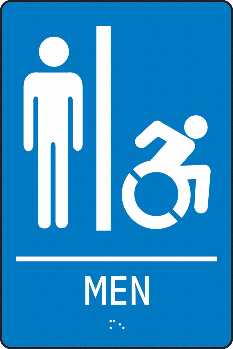 ADA Braile Restroom Sign,  Men,  Acrylic,  9 in x 6 in,  Rectangular,  Braille