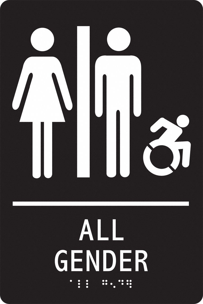 ADA Braile Restroom Sign,  All Gender,  Acrylic,  9 in x 6 in,  Rectangular,  Braille