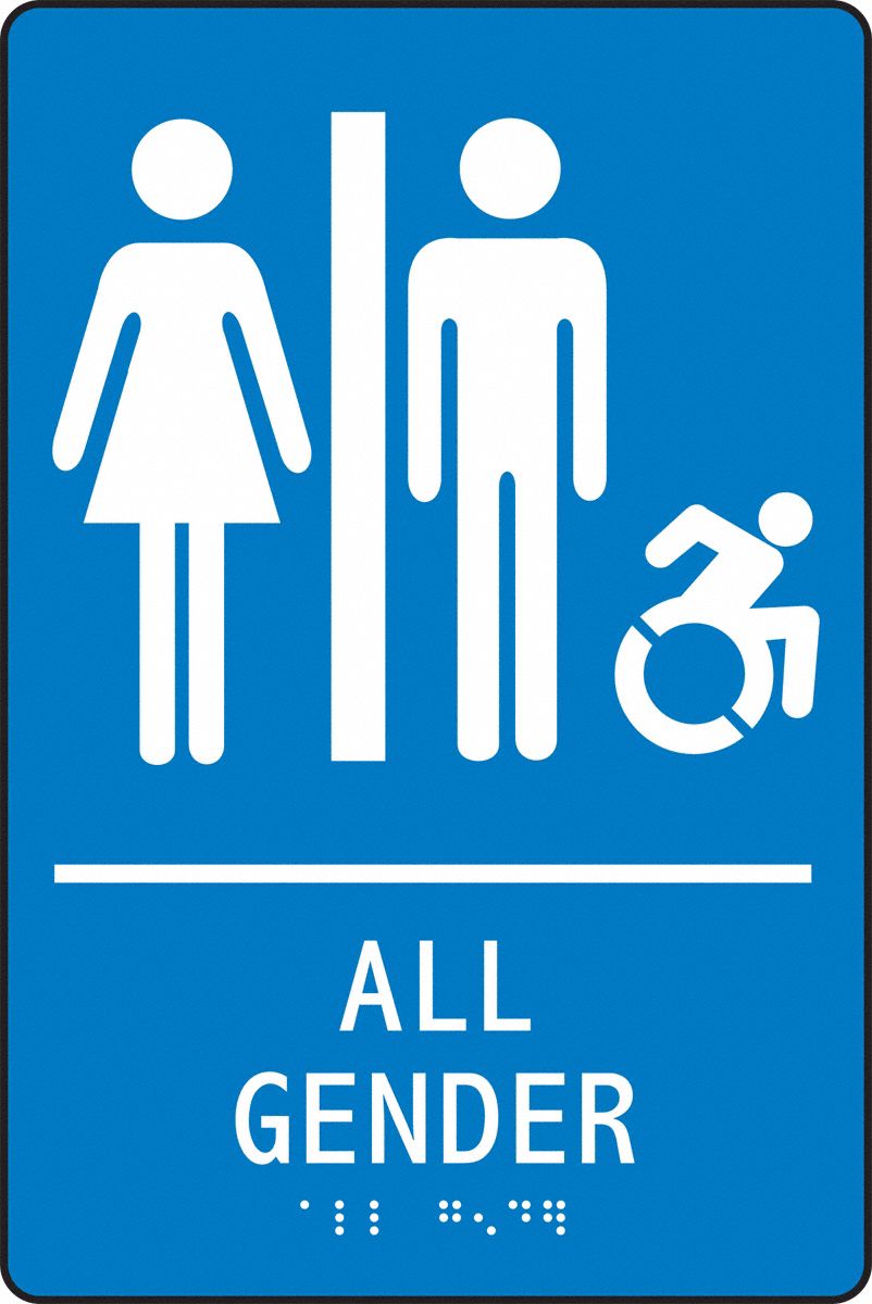 ADA Braile Restroom Sign,  All Gender,  Acrylic,  9 in x 6 in,  Rectangular,  Braille