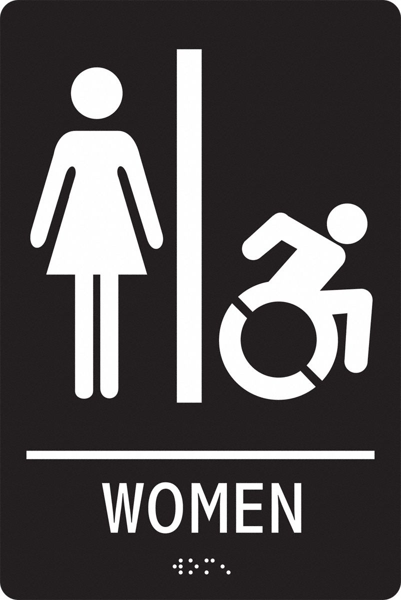 ADA Braile Restroom Sign,  Women,  Acrylic,  9 in x 6 in,  Rectangular,  Braille