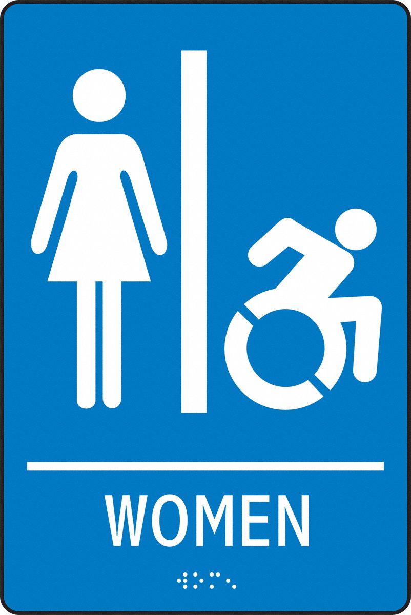ADA Braile Restroom Sign,  Women,  Acrylic,  9 in x 6 in,  Rectangular,  Braille