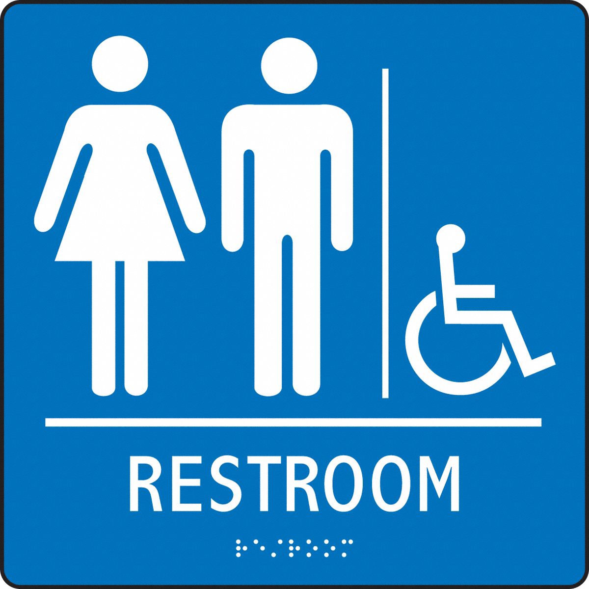 ADA Braile Restroom Sign,  Restroom,  Acrylic,  8 in x 8 in,  Square,  Braille