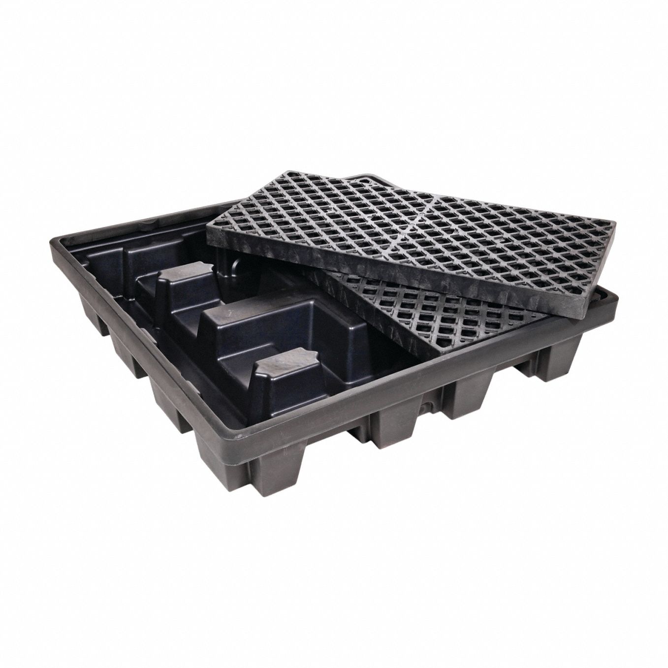 Drum Spill Containment Pallet: For 4 Drums, 51 in x 51 in x 10 in, 6, 000 lb Load Capacity, Black