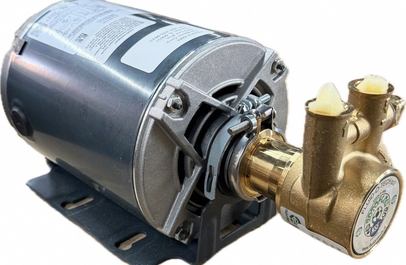FLUID-O-TECH Rotary Vane Pump: Direct Drive, 1/2 hp, 115/230V AC, Brass Body, Carbon Graphite Vanes (MPN PB071X-25M). Key specifications — Brand: FLUID-O-TECH; Strainer: 75 Micron; Ports: 3/8" NPT.