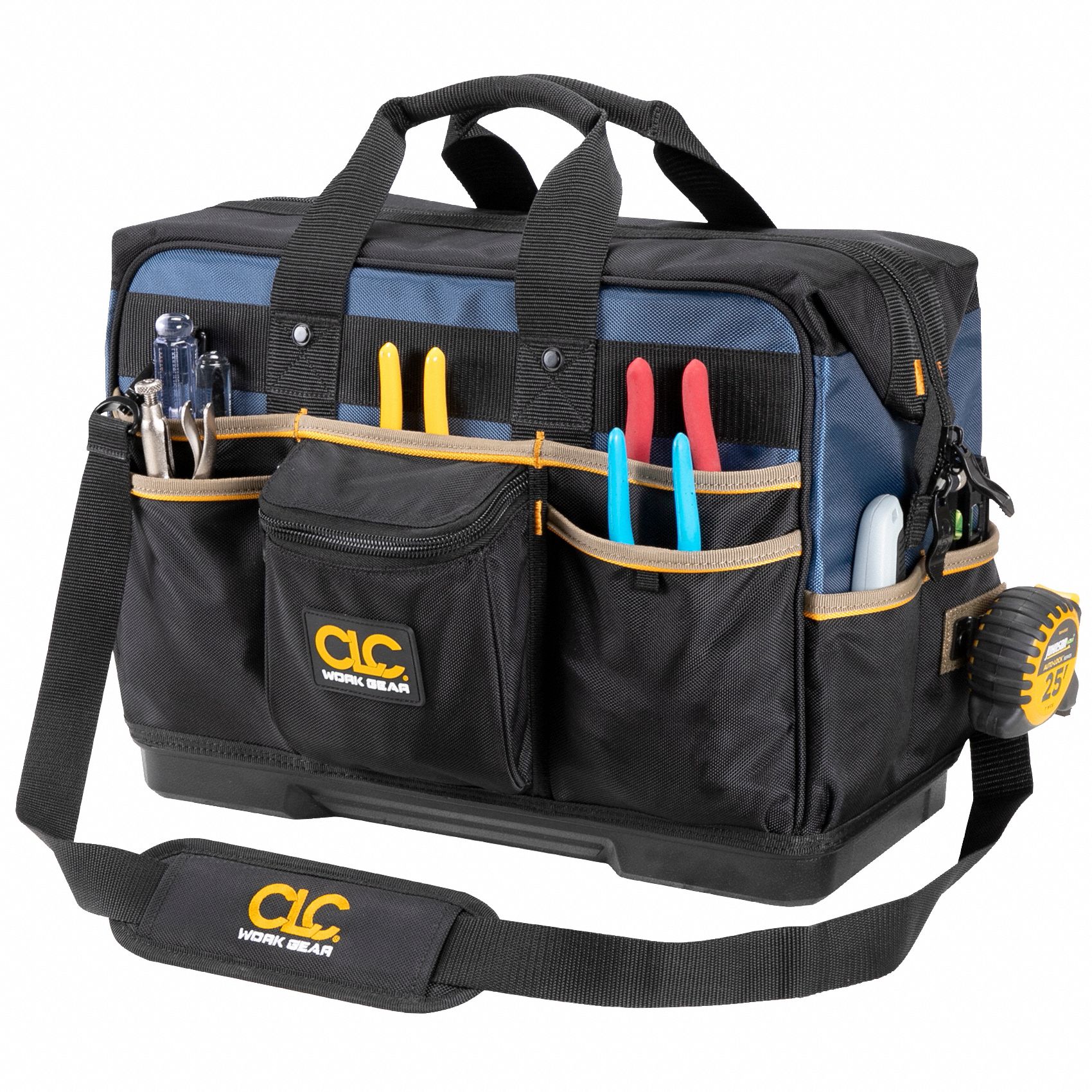 Tool Bag: 16 in W x 9 in D x 19 in H, Black, Ballistic Polyester, 29 Pockets, 13 Inside Pockets