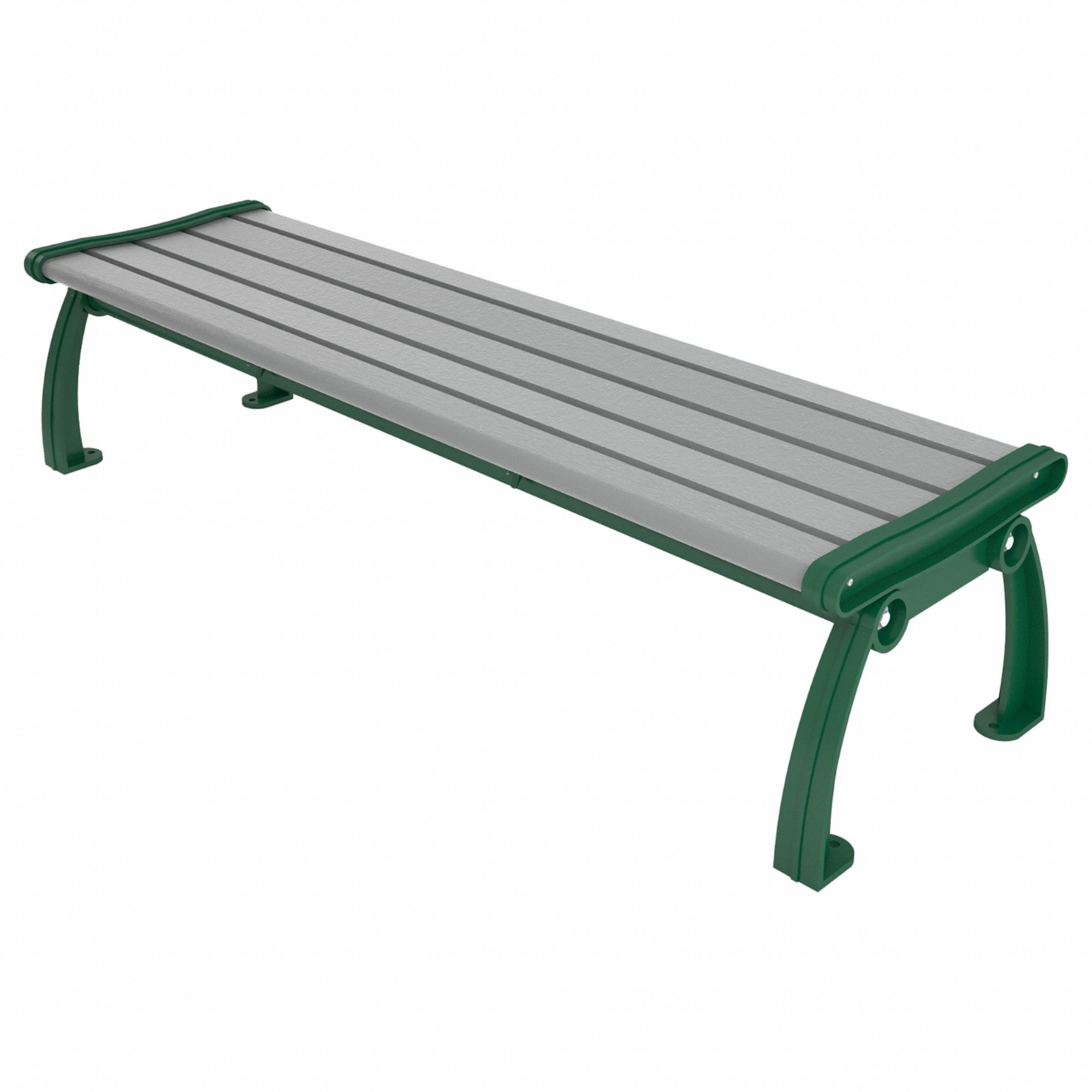 Outdoor Bench: Heritage, 72 in Overall Lg, 17 in Overall Ht, Gray, Green, Plank Surface