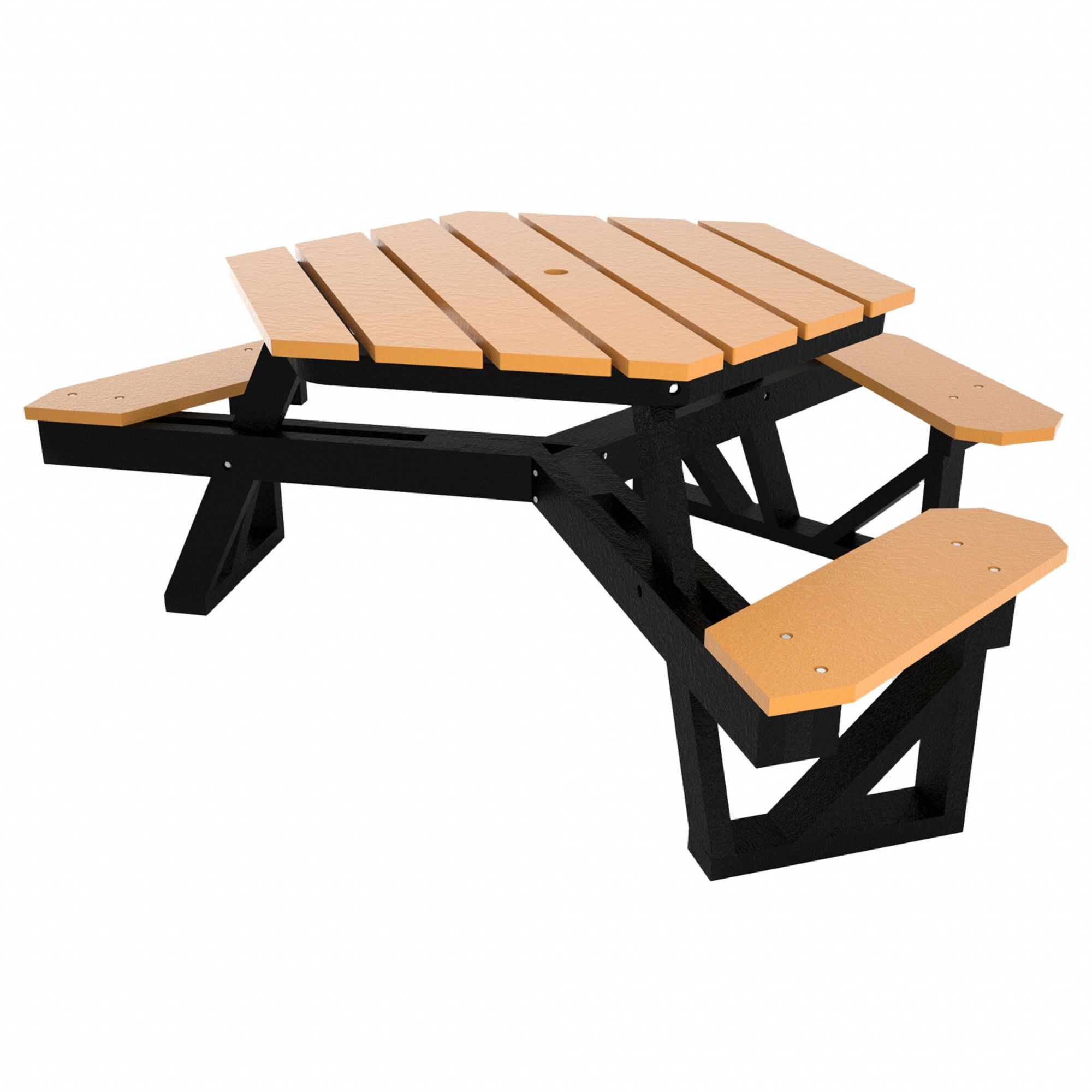ADA Hexagonal Picnic Table: Vandal Resistant Resinwood, Cedar, 28 3/4 in Overall Ht