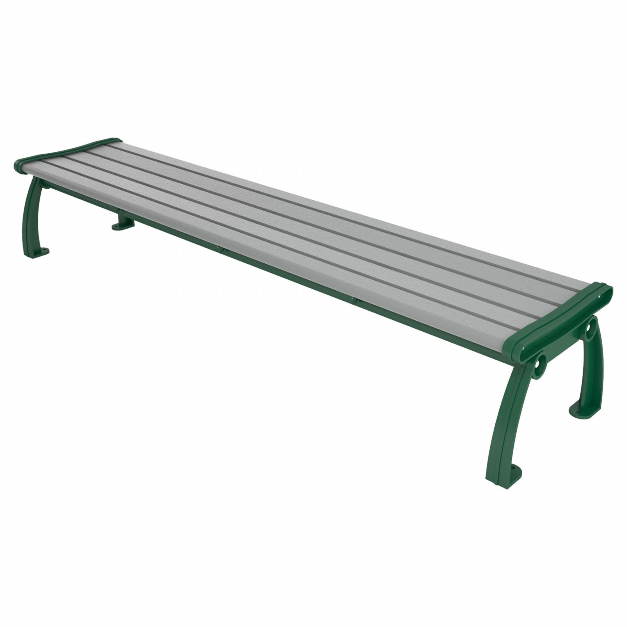 Outdoor Bench: Heritage, 96 in Overall Lg, 17 in Overall Ht, Gray, Green, Plank Surface