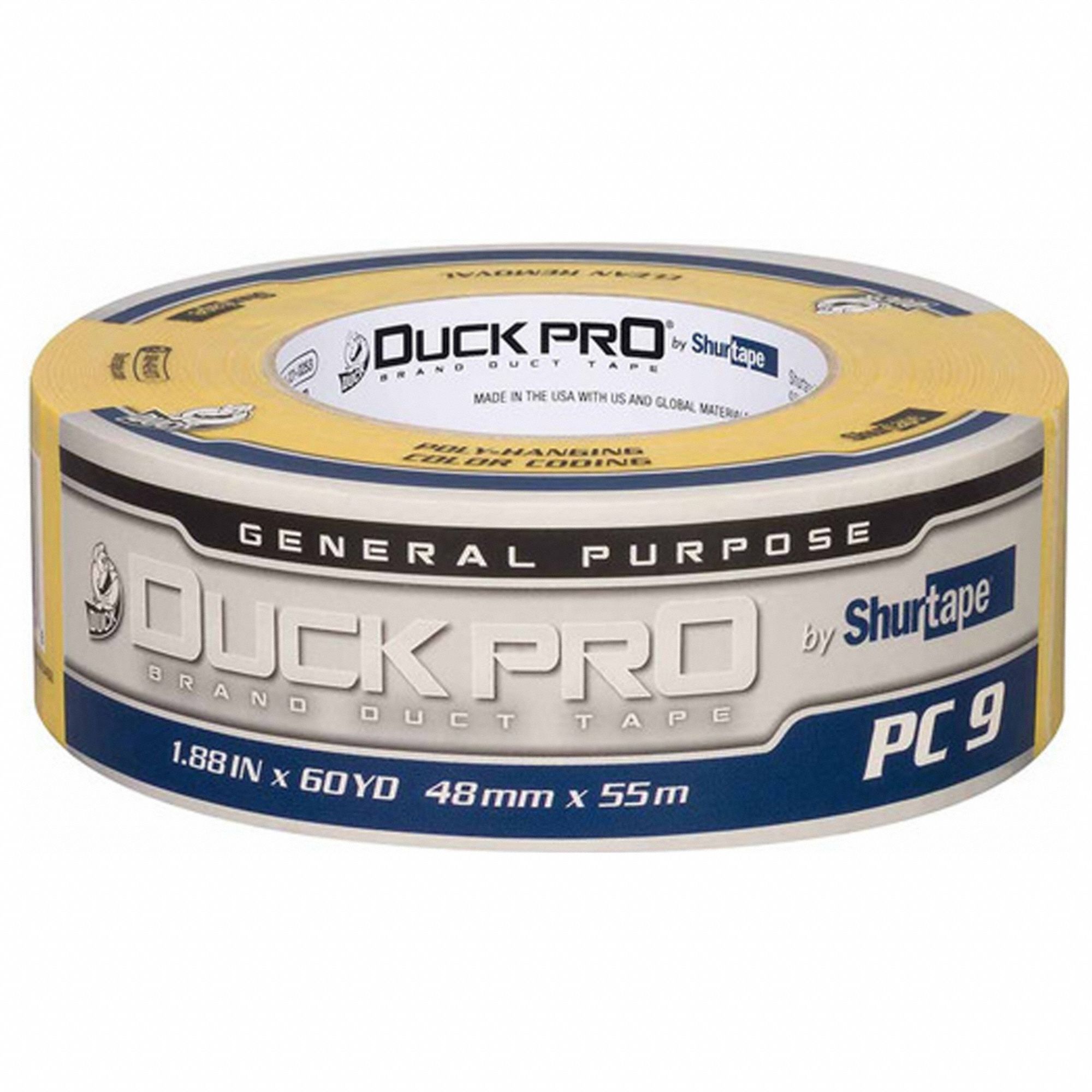 Duct Tape: Medium Duty, Yellow, 1 7/8 in Wd, 60 1/8 yd Lg, 9 mil Thick, PC 009, Rubber